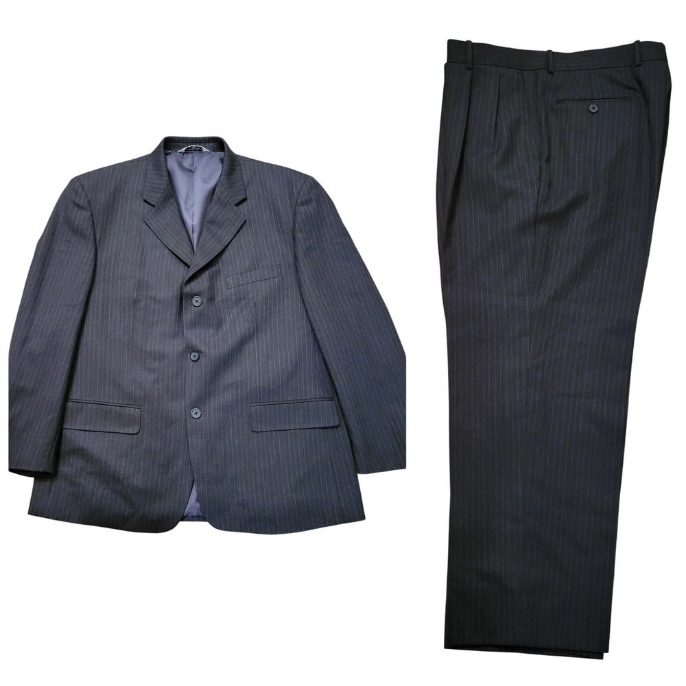 Versini Wool 2 Piece Suit‎ Charcoal Black Chalk Stripe 44S 39W Jacket Pants